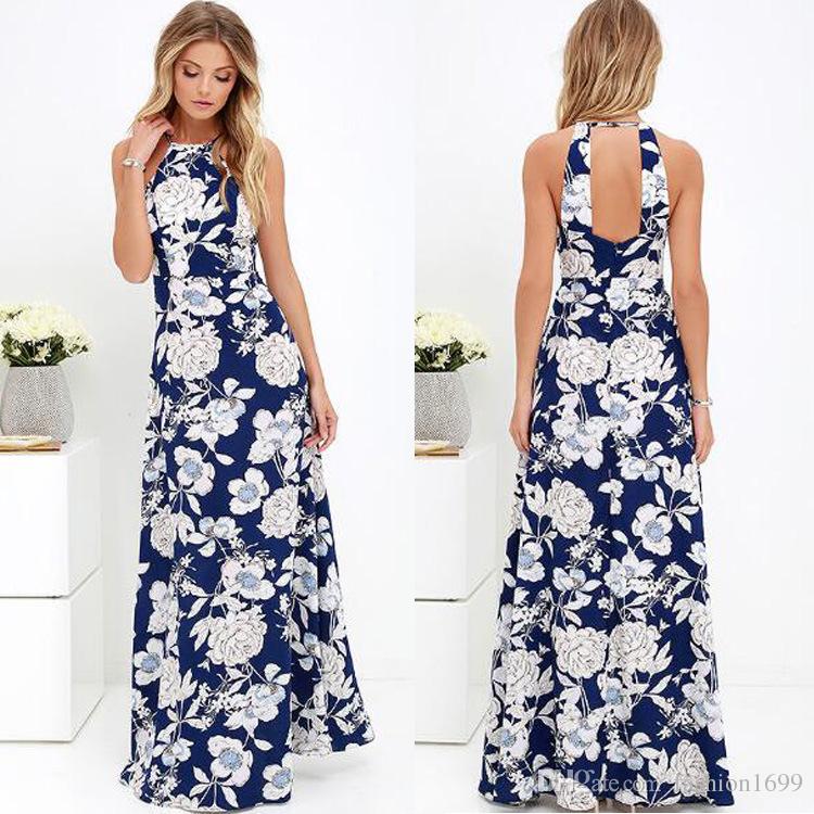 Womens Summer Maxi Dresses 2017 New Ladies Sleeveless Blue Halter Neck Floral  Print Vintage Maxi Long Dress Evening Gown Floral Dress From Fashion1699,