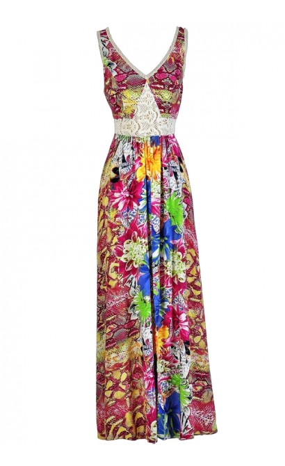 Tropical Printed Maxi Dress, Summer Maxi Dress, Hawaiian Printed Maxi Dress,  Hot Pink