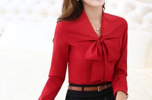 Women Tie Front Red Blouses With Bow Fashion Long Sleeve Chiffon Tops  Korean Style Female Office