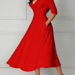 Half Sleeve V Neck High Waist Red Dress