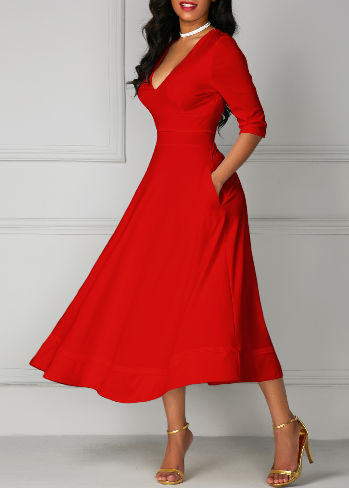 Half Sleeve V Neck High Waist Red Dress
