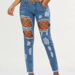 Fashion High Waisted Fishnet Tights with Ninth Ripped Jeans