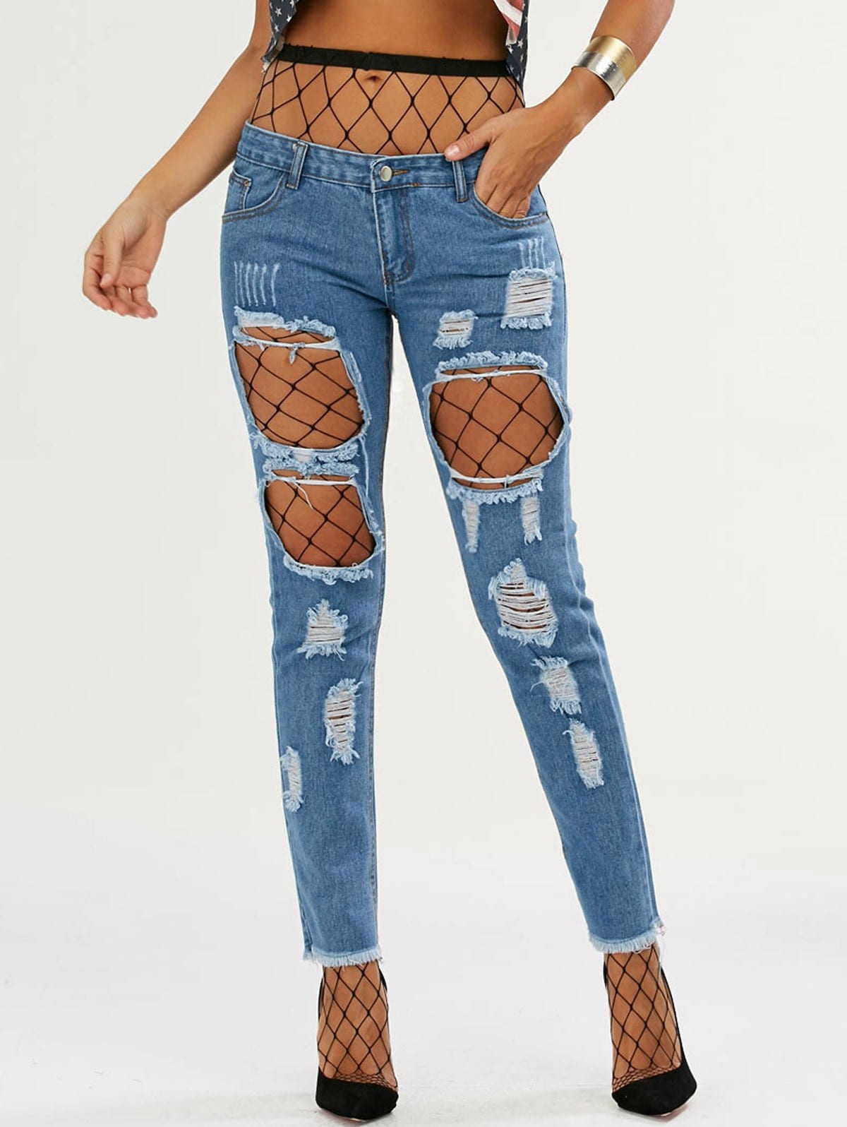 Fashion High Waisted Fishnet Tights with Ninth Ripped Jeans