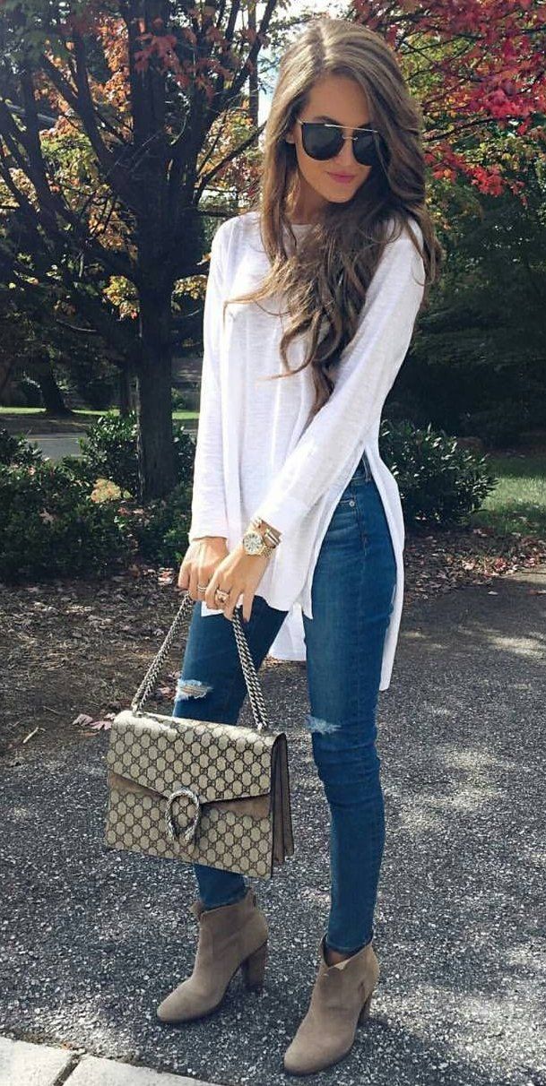 White Shiffon Top + Ripped Jeans + Suede Ankle Boots Source