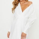 White Plunge Ruched Shirt Dress