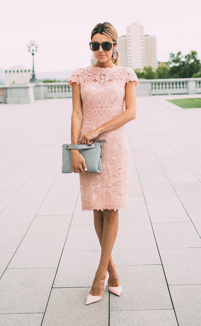 Grey bag and blush pink shoes and lace dress. Great combination. Via  Christine Andrew