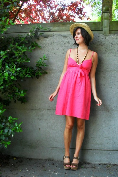 pink dress - brown shoes - yellow hat - yellow necklace
