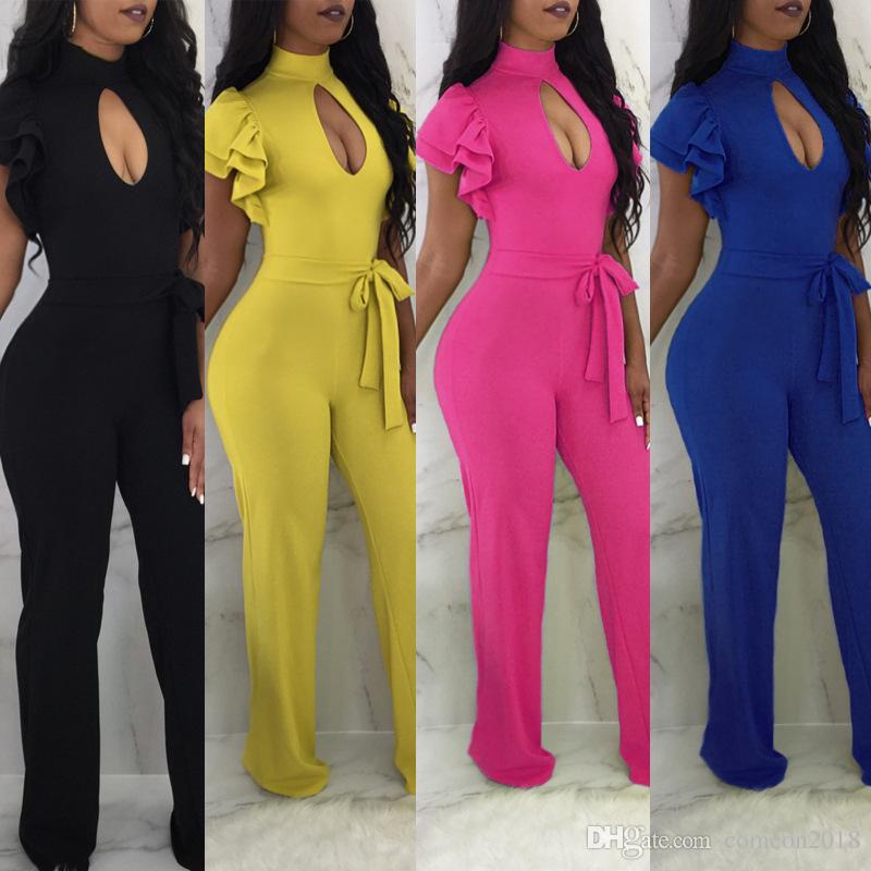 2019 Summer Womens Rompers High Waist Wide Leg Pants Stand Collar Hollow Out  Rompers Womens Jumpsuit Lotus Leaf Overalls Casual Bodycon M2355 From