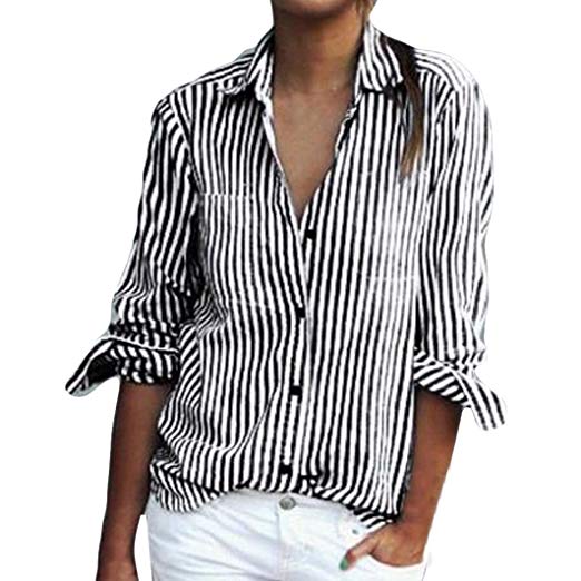 Mikey Store Women Summer Long Sleeve Striped Shirts Casual Button Down Tops  (Small, Gray