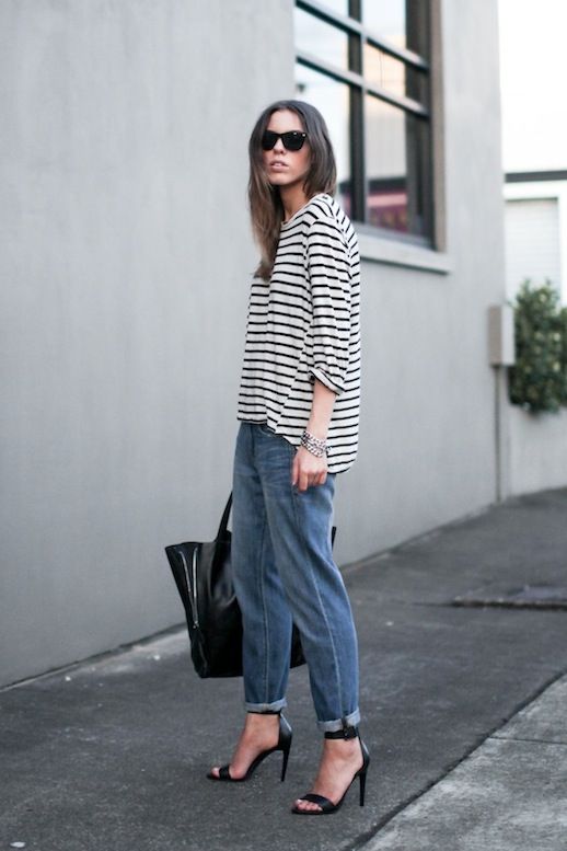 A blogger-approved way to wear a striped tee, boyfriend jeans, tote and  ankle strap heeled sandals