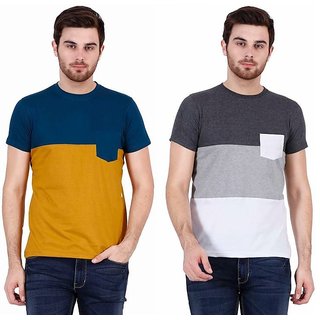 Buy Combo of 2 Stylogue Men's Round Neck T-shirt (Blue- Mustard