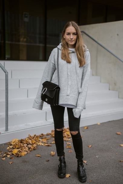 by annna blogger sweater jeans shoes bag fall outfits hoodie ankle boots  black pants black bag