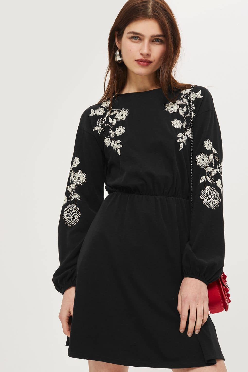 TOP SHOP Embroidered Balloon Sleeve Skater Black Dress