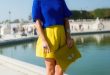 yellow bag - blue shoes - white sunglasses - yellow skirt - blue top