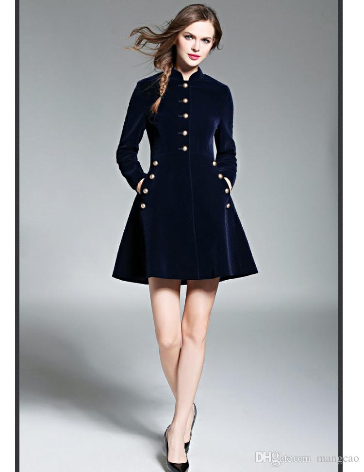 Wholesale Real Photos Womens Fall Fashion Lozenge Patterned Buttons Navy  Blue Velvet Dress Mandarin Collar Long Sleeve A Line Dress Long Dress Women  Long