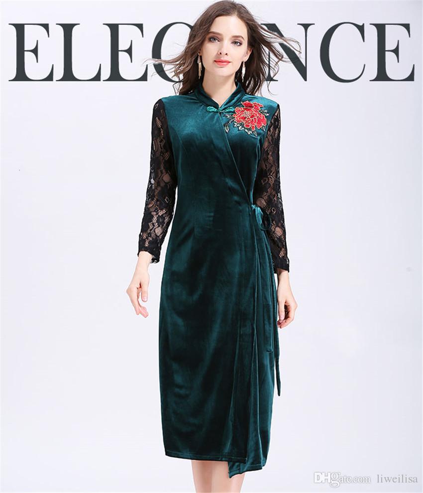 Winter Velvet Dresses Women Long Sleeve Party Dresses 2018 Spring Ladies  Casual Floral Embroidery Vintage Lace