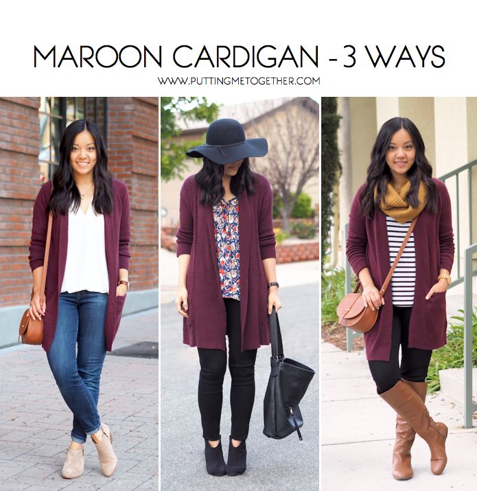 3 Ways to Wear a Maroon Cardigan | One Piece Many Ways | Pinterest | Maroon  cardigan, Cardigan outfits and Outfits