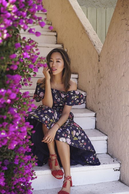 aimee_song_of_style_rebecca_taylor_floral_off_the_shoulder_dress_aquazzura_wild_thing_fringe_sandals  song of style