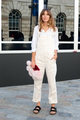 How to wear: white dress shirt, white denim overalls, black suede flat  sandals