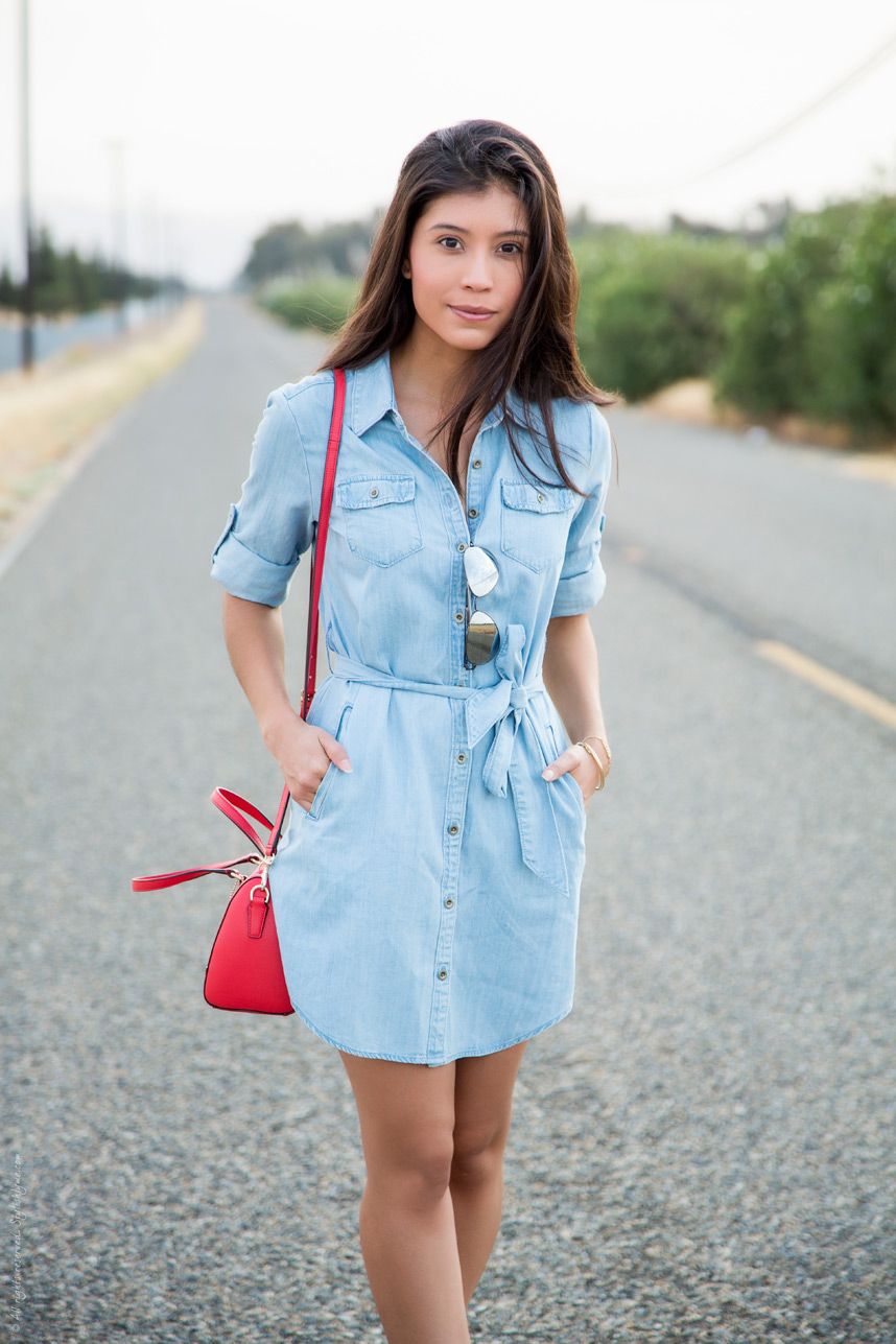 How to wear denim shirt dress summer outfit - Visit Traveller Location for  more outfit photos and style tips