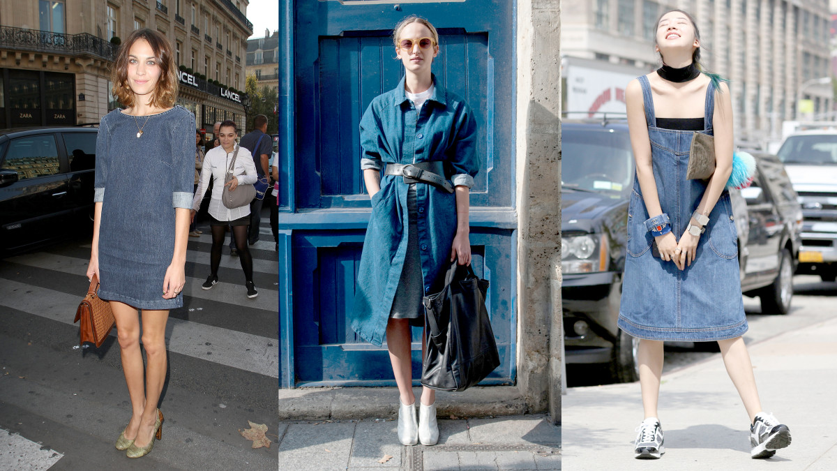 Three easy ways to wear denim dresses. Photos: Marc Piasecki/WireImage and  Imaxtree