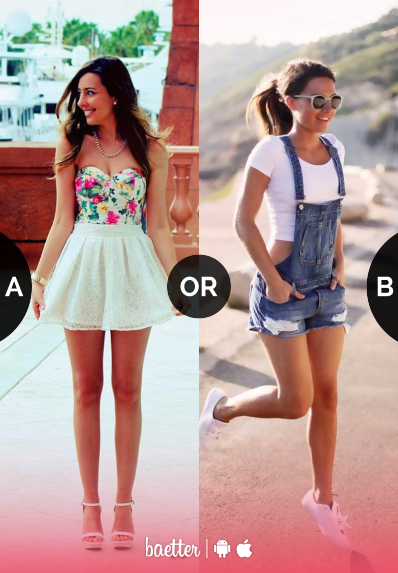 Which outfit would you wear to a beach party #Skirt or #shorts? Vote on  Baetter App.
