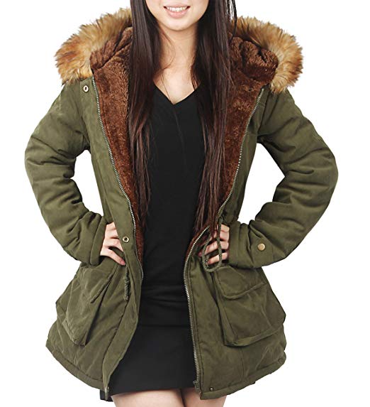 4HOW Womens Parka Coat Winter Jacket Hooded Jacket Warm Parkas Outdoor Army  Green Size 6