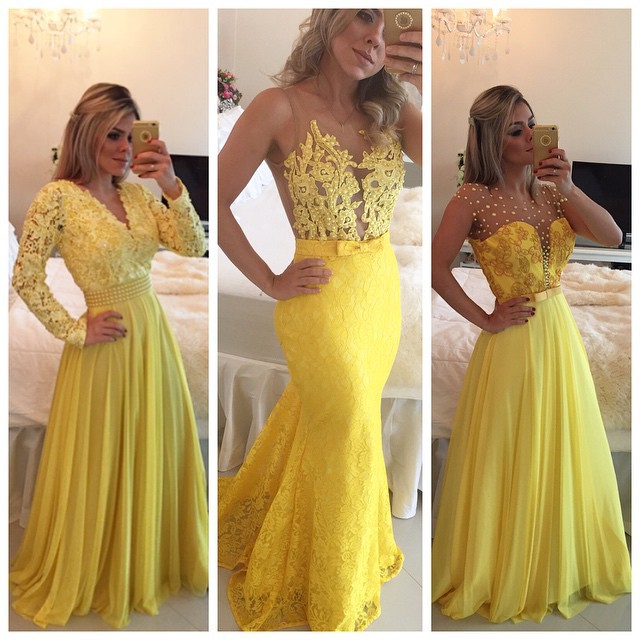 2017 New Arrival Formal Dresses Yellow Three Different Styles A Line Lace  Appliques Peatls Plus Size Chiffon Long Evening Dress-in Evening Dresses  from