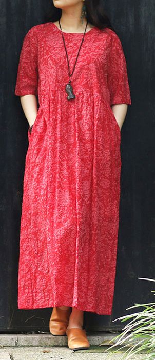 100% v neck tie waist cotton dresses plus size Wardrobes red print Maxi Dresses …