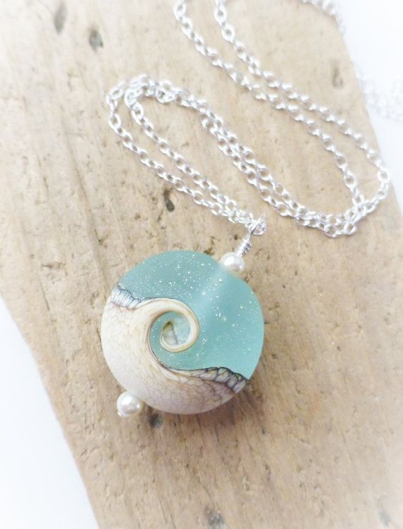 Blue Ocean Wave Beach Necklace, Lampwork Glass Pendant, Beach Jewelry, Beach Wedding, Gift For Her, Bridesmaid Gifts, Christmas Gift
