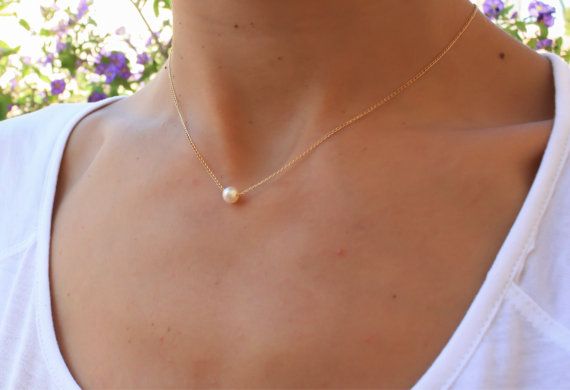 Single pearl necklace, white pearl necklace, floating pearl gold necklace, bridsmaid gift, freshwater pearl necklace, june birthstone