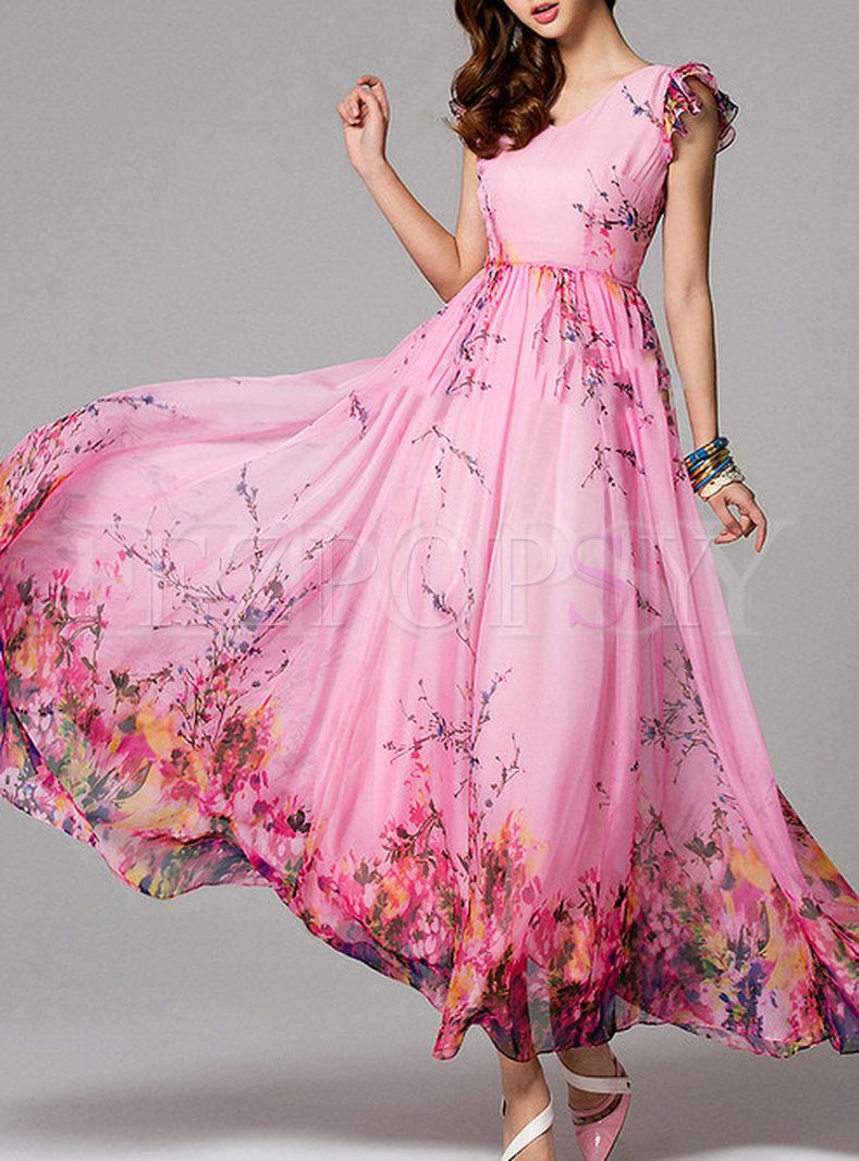 Summer Floral Print Short Sleeve Maxi Dress