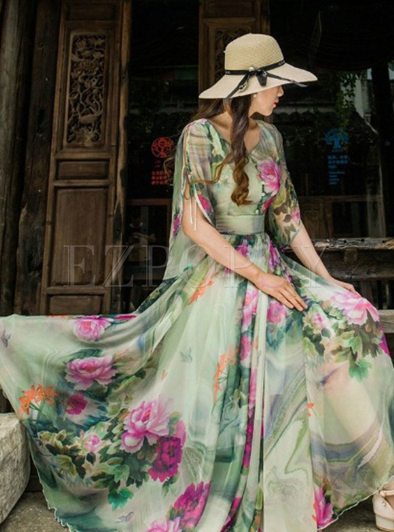 Short Sleeve Floral Print Chiffon Maxi Dress
