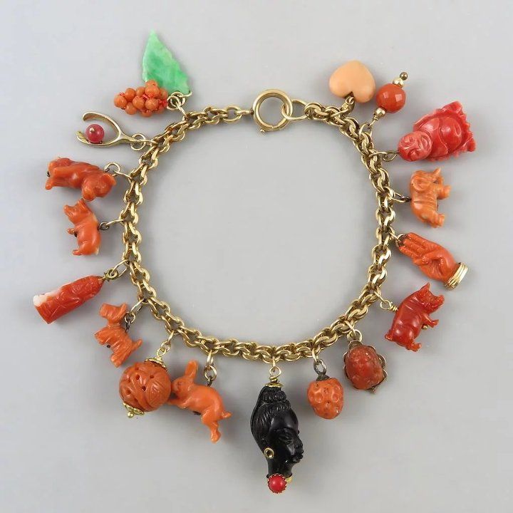 15K Red and Salmon Carved Coral Loaded Charm Bracelet 12K to18K Gold Charms