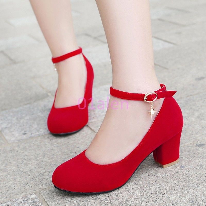 2016 Womens Girls Ankle Strap Faux Suede Chunky Heel Court Shoes Plus Size 4-11  | eBay