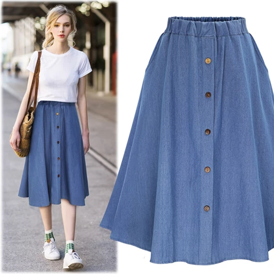 2017 summer women cute elastic waist denim jeans skirt ladies large plus size casual midi skirt female flare pleated buttons