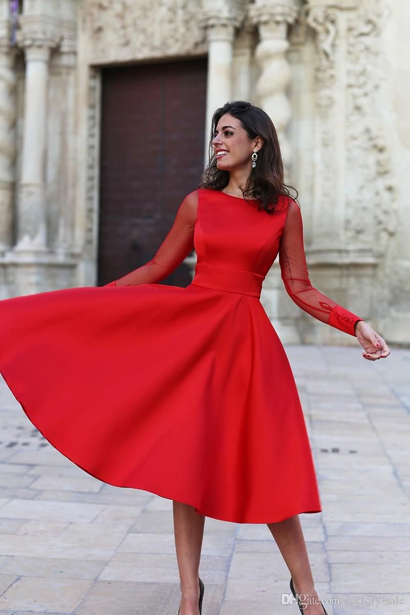 2019 Sheer Long Sleeves Red Homecoming Dresses A Line Jewel Neck Backless Tea Length Cocktail Dresses Mother Formal Gowns Cheap Expensive Homecoming Dresses Floral Homecoming Dresses From Factory Sale, $108.83| DHgate.Com