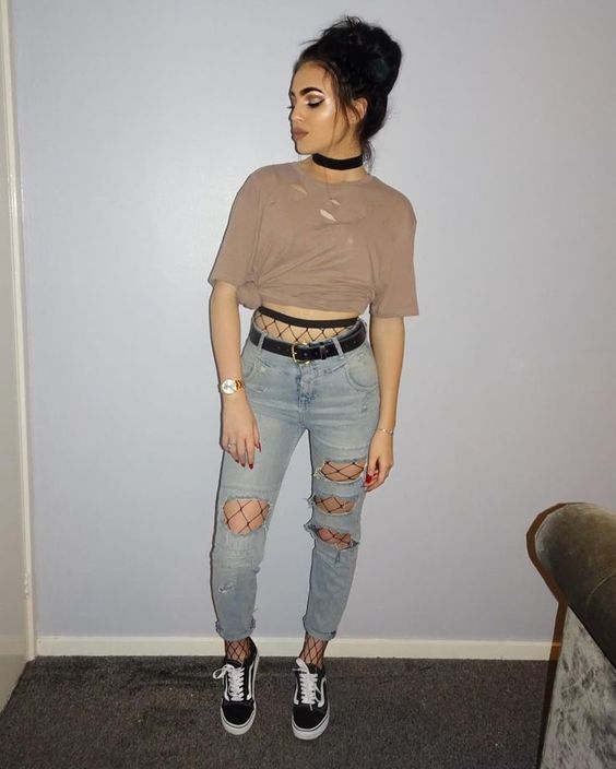 30+Grunge Outfits Ideas: Wear Fishnet Tights Under Ripped Jeans or Denim