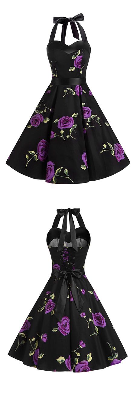 50s Rockabilly Style Halter Black Floral Print Retro Dress