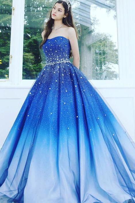 A Line Blue Strapless Sweetheart Ombre Sweep Train Ball Gown Beads Tulle Prom Dresses uk PH891