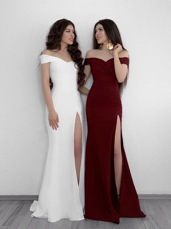 A Line Off Shoulder White/Burgundy Prom Dresses CR 1019