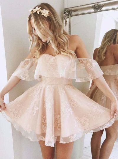 A-Line Off-the-Shoulder Short Pearl Pink Lace Homecoming Dress,Party Dress,Evening Dress