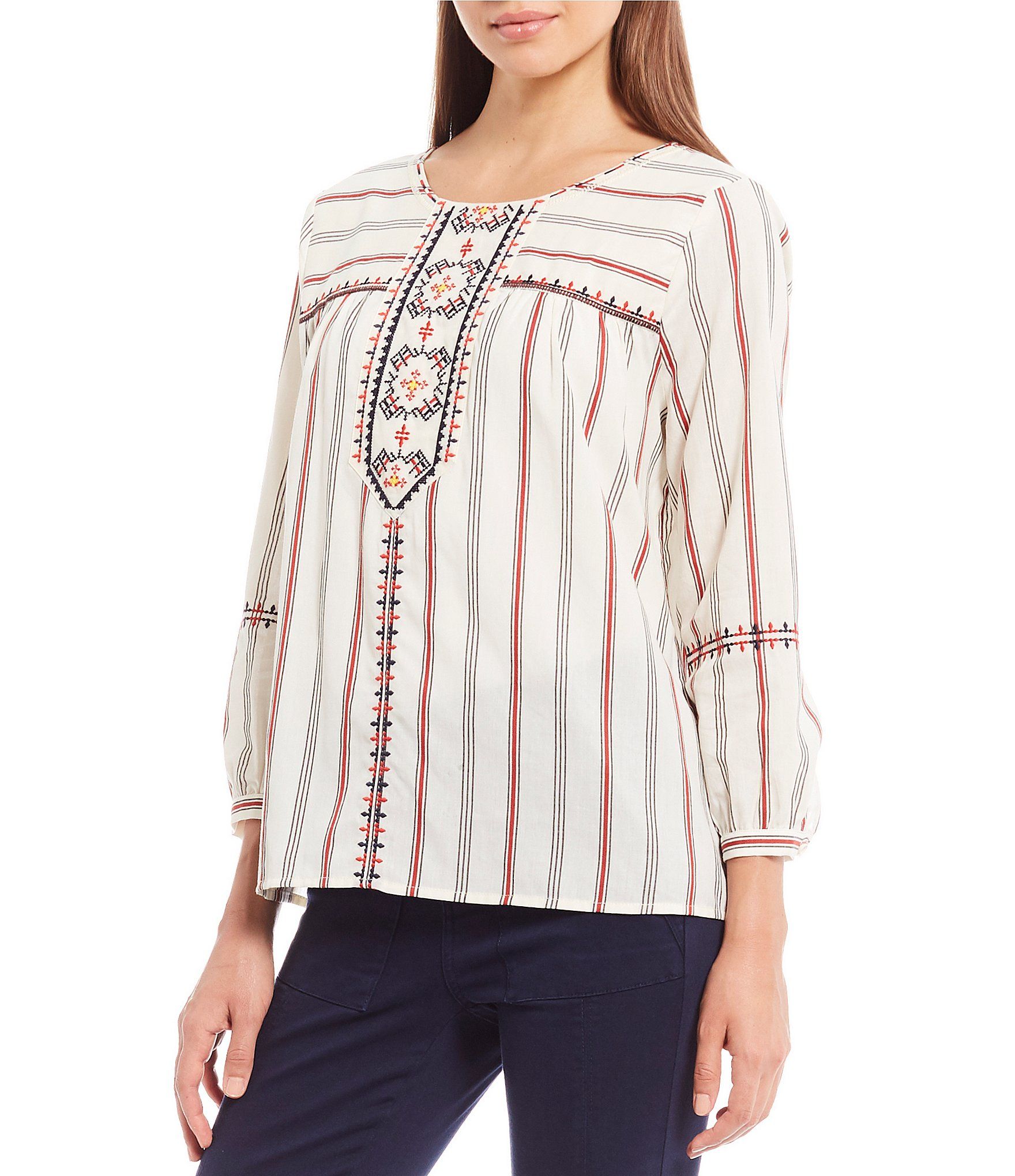A Loves A Embroidered Stripe Cotton Peasant Top – Multi L