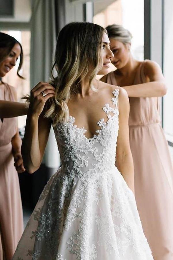 A-line Vintage Lace Wedding Gowns Illusion Neck Wedding Dresses Wedding Dress A