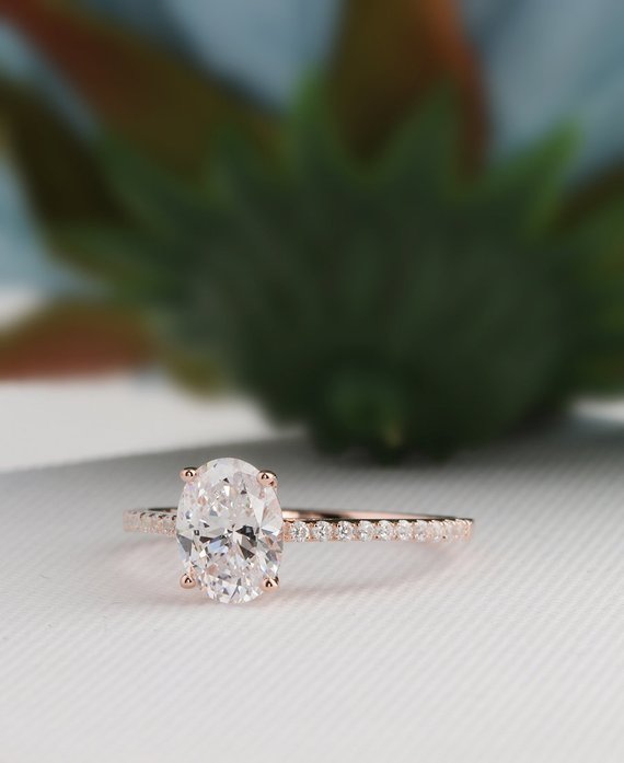 Art Deco Engagement Ring, Oval Cut 6x8mm Simulated Diamond Ring, Mil-grain Ring, Vintage Wedding Ring, 14k Rose Gold, Moissanite Accent Ring
