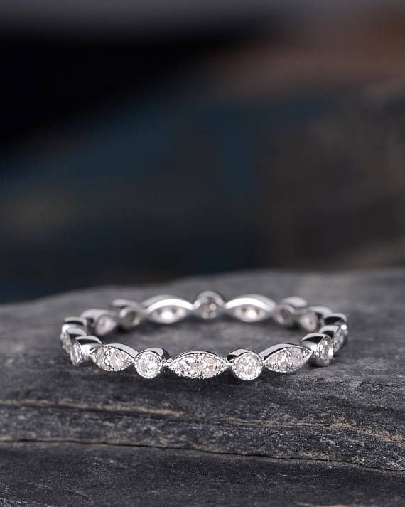 Art Deco Wedding Band Woman White Gold Diamond Eternity Band Stacking Ring Antique Jewelry Delicate Bridal Promise Dainty Anniversary Gift