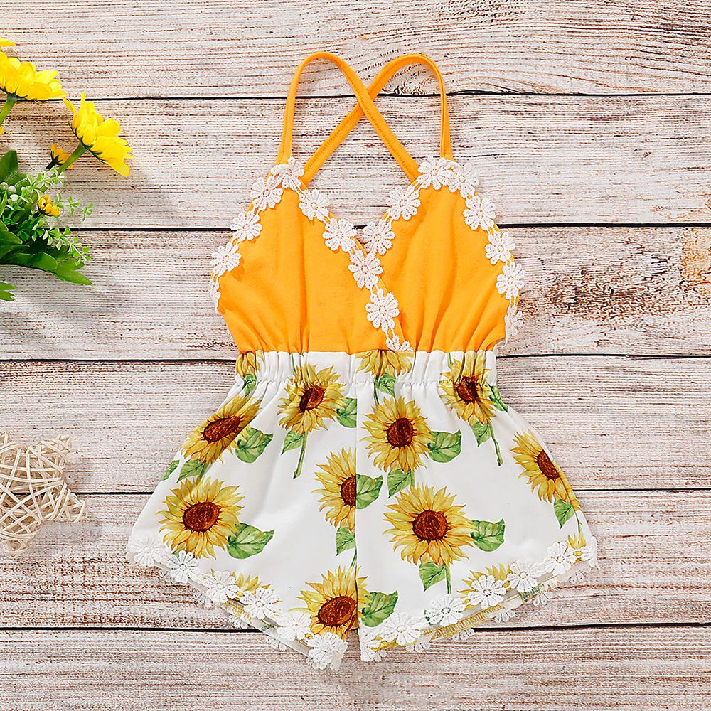 Baby Girl Lace Trim Backless Sunflower Romper