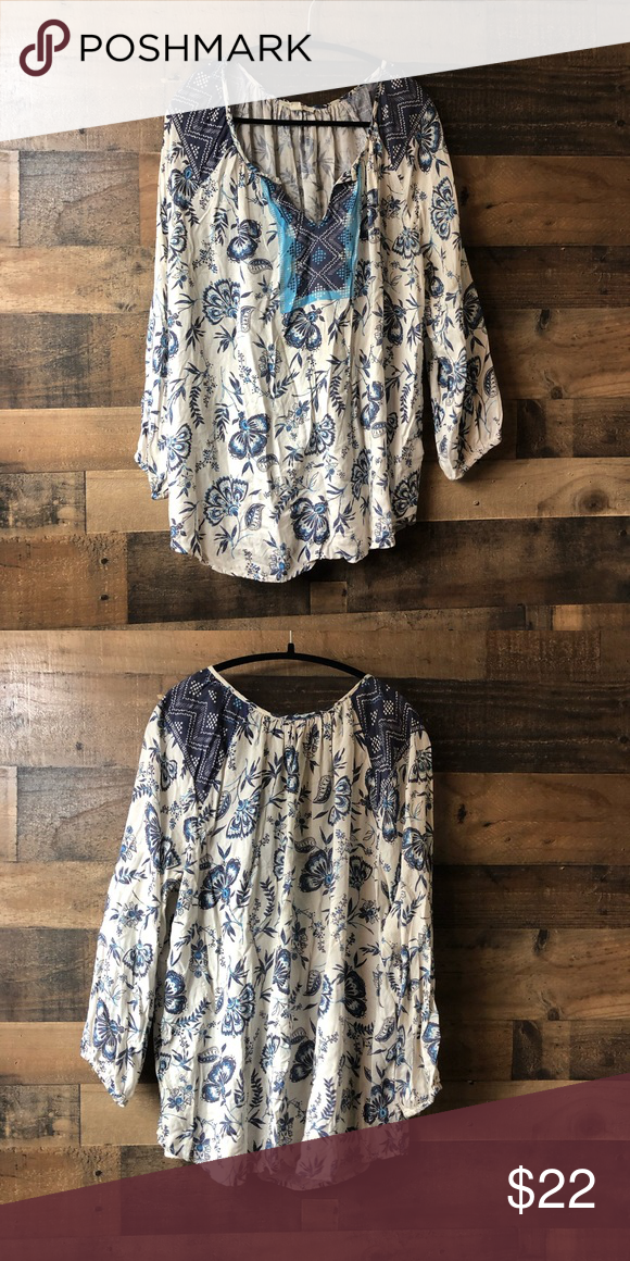 BeachLunchLounge Blue & White Floral Peasant Top BeachLunchLounge Blue & White F…