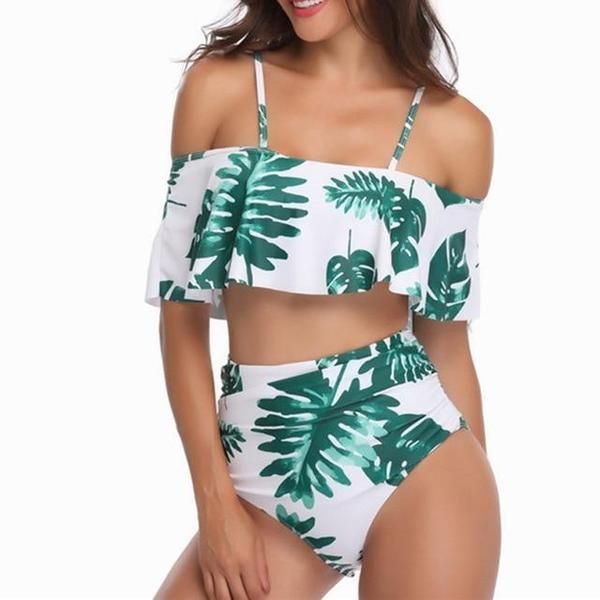 Bikini Off Shoulder Swimwear Sexy Women High Waist Swimming Suits Double Flouncing Swimsuit Plus Size XXL Bathing Suit