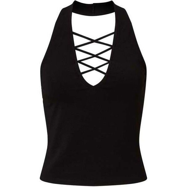 Black Halter Lattice Crop ($20) ❤ liked on Polyvore featuring tops, shirts, ta…
